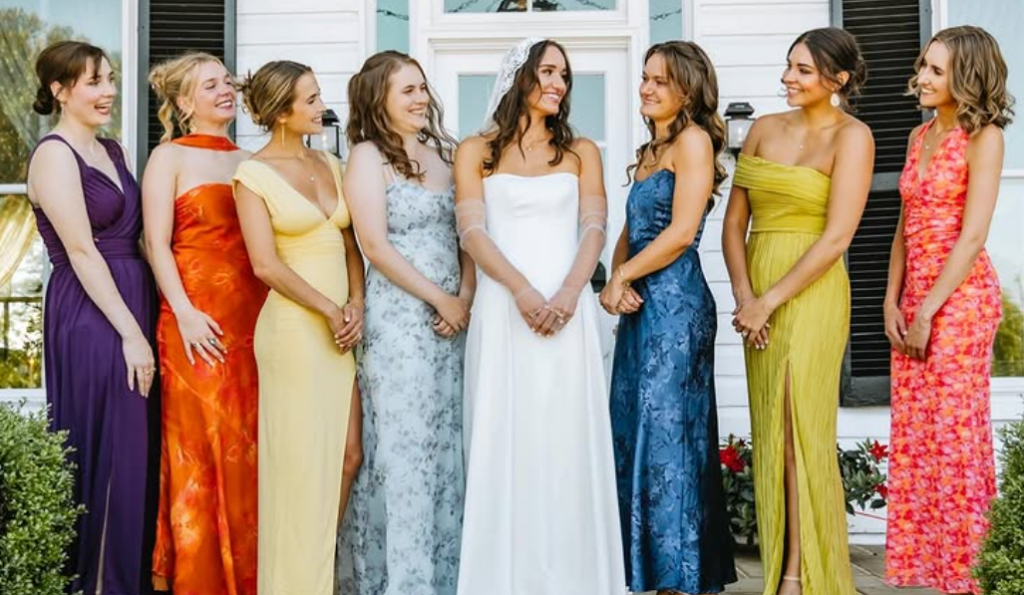 Bride posing with her bridal party on the wedding day