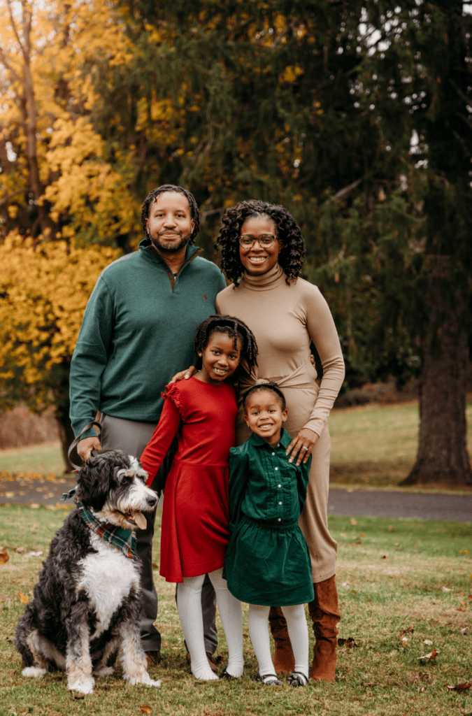 Family of four with their dog during a fall family photography session