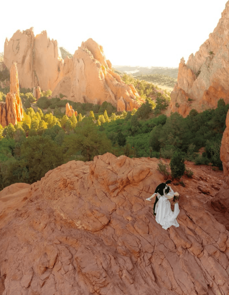 destination elopement photography portrait in scenic view of garden of the gods colorado